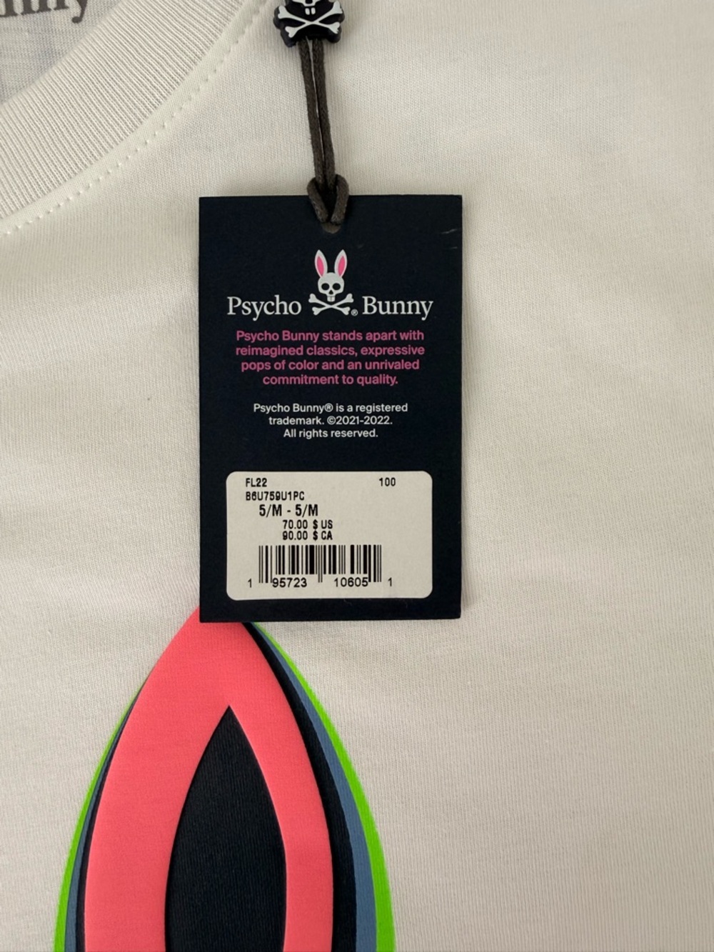 Psycho Bunny White T-Shirt with Blue Trim and Pink/Green Graphic - Picture 7 of 9